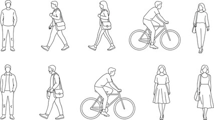 Outline people walking and cycling illustration set, minimal line art urban characters, modern city lifestyle poses, vector silhouettes for design projects and marketing use