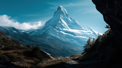 The majestic Matterhorn mountain, partially covered in snow, rises above a dramatic landscape on a bright day with blue skies and scattered clouds in Switzerland.