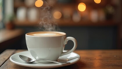 Obraz premium White cup of hot steaming latte coffee on wooden table next to spoon. Bokeh background lights suggest cozy cafe atmosphere, perfect for morning or break time.