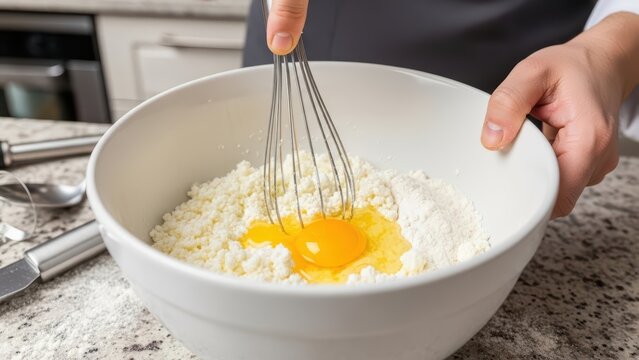 Female mixing ingredients in bowl for homemade cake baking process - Powered by Adobe