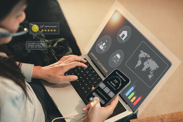 Customer service using laptop,smartphone and digital dashboard,credit score,and feedback rating interface.online support,finance technology UI for personal loan and application for home,car,insurance 
