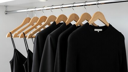 Black Clothing Hanging on Wooden Hangers in Minimalist Wardrobe Display