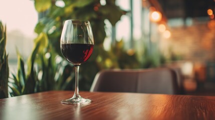 Naklejka premium A glass of red wine is placed on a wooden table in a cafe surrounded by plants
