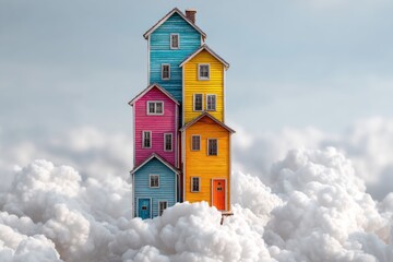 Fototapeta premium Colorful structures nestled among clouds, Whimsical pastel cottages floating in vast blue sky, Dreamlike floating village with vibrant houses amid expansive sky and soaring birds