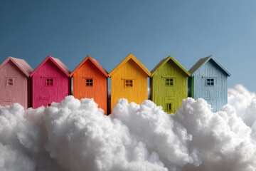 Fototapeta premium Colorful structures nestled among clouds, Whimsical pastel cottages floating in vast blue sky, Dreamlike floating village with vibrant houses amid expansive sky and soaring birds