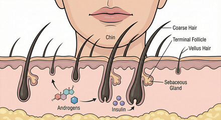 Detailed medical diagram showing the interaction of androgens and insulin affecting terminal and vellus hair growth on a woman's chin.