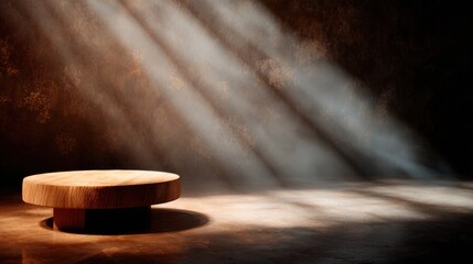 Light shines on a round wooden platform in an empty room during daytime