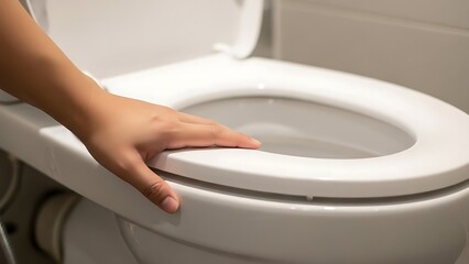 Person Hand Touching White Toilet Seat in Bathroom Setting