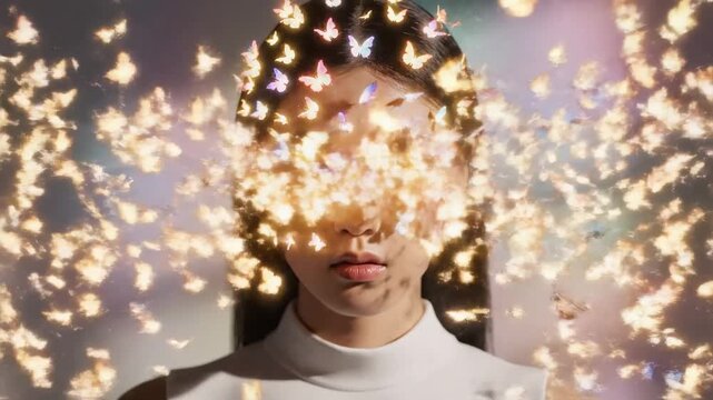 Conceptual video showing a woman's head exploding into a swarm of glowing butterflies, symbolizing mental burnout, information overload, digital chaos, and the overwhelming effects of stress