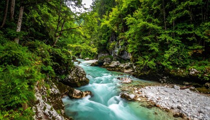 Turquoise river cascading over rocks through lush green forest, sunbeams filtering through trees, mountain peak rising in background under partly cloudy sky.