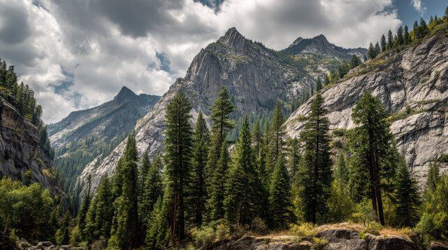 Majestic granite peaks rise above a lush evergreen forest under a dramatic sky creating a beautiful mountain landscape perfect for hiking and adventure outdoors. - Powered by Adobe