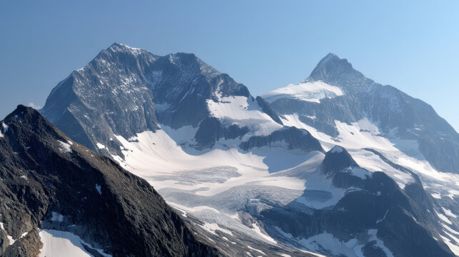 Majestic snow-capped mountain peaks reach towards the clear blue sky on a sunny day, displaying the rugged beauty of the natural alpine landscape above the treeline. - Powered by Adobe