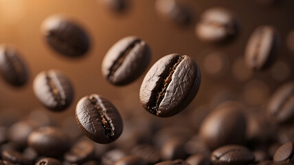 Fototapeta premium Dark Roasted Arabica Coffee Beans Falling in a Dramatic Close-Up Shot with Bokeh Effect on a Brown Background, Ideal for Cafe Menu Design, Food Packaging, and Blog Posts