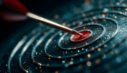 Arrow hits digital target bullseye. Futuristic tech design, represents success, achievement. Precision, accuracy, strategy, goal visualization, data, information, aim. Technology, business,