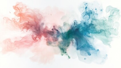 Obraz premium Watercolor background with pink, green, and blue color smoke in the center of a white paper, vector illustration, white background.