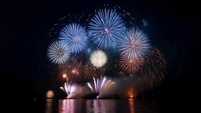 Pink and purple fireworks exploding over water at night