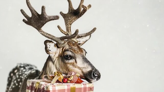 A close-up shot of a deer holding a gift in its mouth