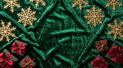 Stunning overhead view of luxurious emerald velvet background accented with sparkling gold snowflakes and elegant deep red ribbon gift boxes perfect for holiday promotions