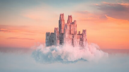 Floating castle above clouds during sunset with colorful sky