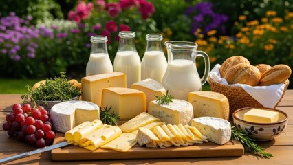 Assorted cheeses and bread with fresh milk on outdoor wooden table