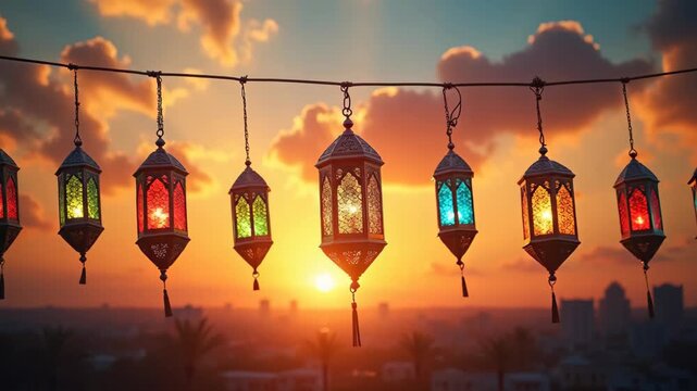Colorful ornate arabic lanterns hanging against dramatic golden sunset sky with glowing candles, magical ramadan evening scene, concept of ramadan kareem, eid mubarak, islamic festive decorations