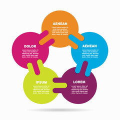 Five interlocking circular infographic elements with hand shapes, symbolizing collaboration, unity, or shared concepts. Vector.