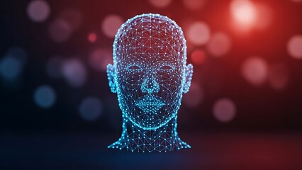Digital human face constructed from glowing blue lines on a blurred red background