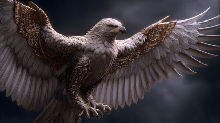 Griffin - Greek Myth: Golden & Brown Lion-Body Eagle-Wings Light (Sky Background, Feather Particles)
