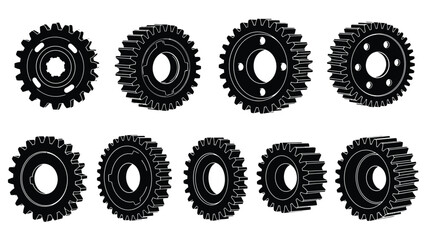 A collection of black and white industrial gears arranged in a grid pattern