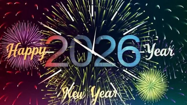 New Year 2026 celebrated with fireworks and clock face