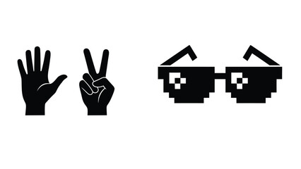 A playful illustration depicting a hand peace sign and pixelated sunglasses
