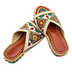 Handcrafted ethnic footwear with vibrant embroidery and patterns.