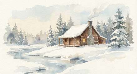 Old wooden cottage in a snowy winter mountain landscape with forest trees and cold sky