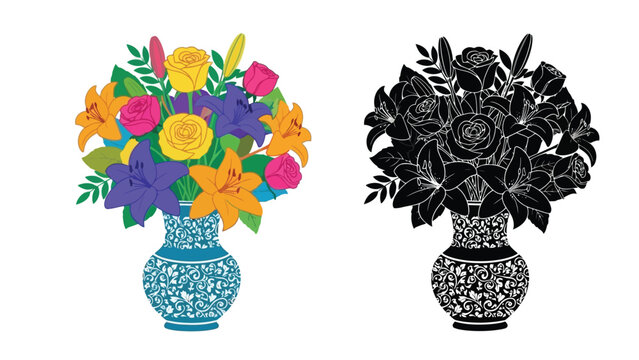 Colorful and monochrome floral arrangements in vases a visual depiction of contrast