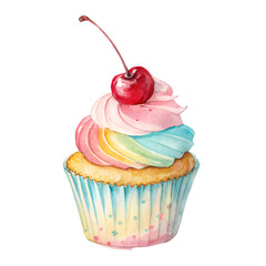 Delicious watercolor cupcake with pastel frosting and a cherry
