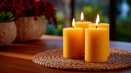 Close-up shot of natural beeswax candles with elegant flame glow and melted wax textures, representing mindful lifestyle and home ambiance