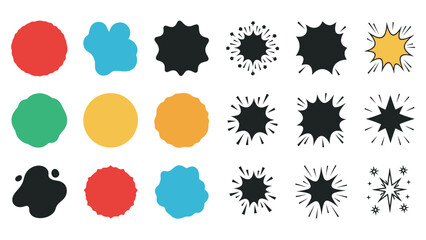 Colorful abstract shapes and starburst designs arranged in a grid pattern