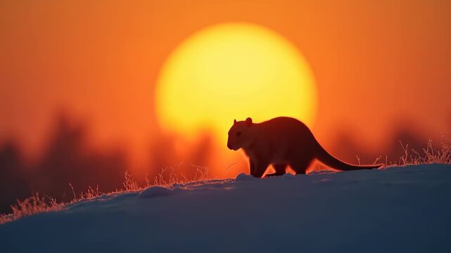 Groundhog silhouette standing on snowy hill against huge orange sunrise looking for shadow, concept of groundhog day, weather prediction, winter to spring transition