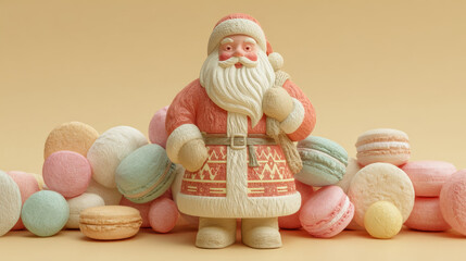 Vintage Santa Figure with Pastel Candies, Warm Cream Background, Cozy Nostalgic Holiday Scene