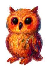 Adorable Hand-Drawn Orange Owl Cartoon Character &mdash; Cute Baby Woodland Creature with Big Eyes, Playful, Whimsical, and Childlike, Illustrated in Textured Crayon, Pastel,