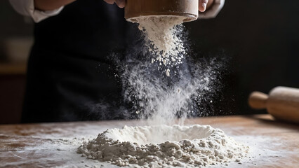 The chef sifts wheat flour on a wooden table against the background of a dark rustic kitchen
