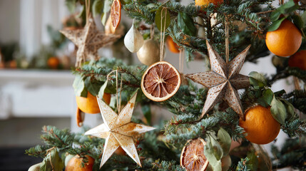  Christmas tree decorated only with paper stars and dried oranges, natural color palette.