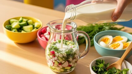 Fresh summer salad with eggs, cucumbers, and milk pouring into glass jug