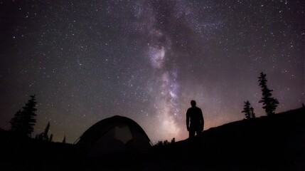 Silhouette Camping Under the Milky Way