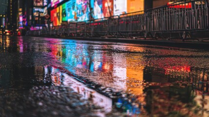 Colorful City Lights Reflecting on Wet Pavement