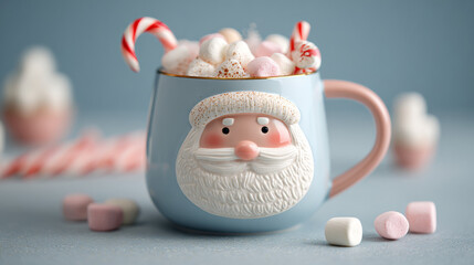 Cute Santa mug filled with marshmallows, cinnamon, and pastel candy canes, matte tones.