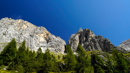 Lo spettacolare sentiero delle Crode Rosse con vista sul gruppo roccioso delle Pale di San Martino. Dolomiti, San Martino di Castrozza, Trentino, Italia