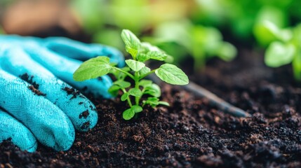 Planting small herbs in garden soil with blue gardening gloves in spring