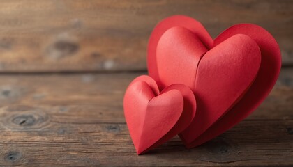 Two red paper hearts stand on rustic wooden table. One large layered heart, one smaller layered heart arranged together. Simple composition love, romance, affection for happy celebrations like
