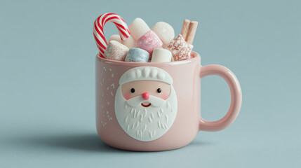 Cute Santa mug filled with marshmallows, cinnamon, and pastel candy canes, matte tones.